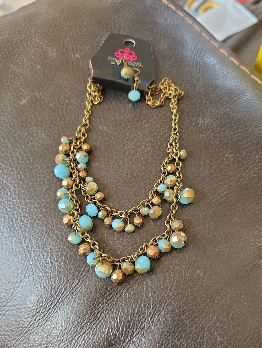 Paparazzi Aqua and Antique Gold Layered Beaded Necklace